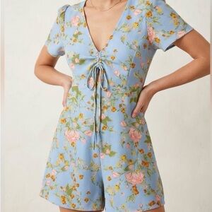 Leith Light Blue Floral Romper with Pink & Green Accents